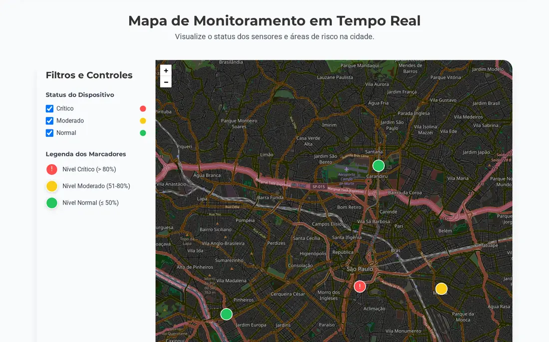 Map of São Paulo with the monitored storm drains, marked as normal, moderate and critical